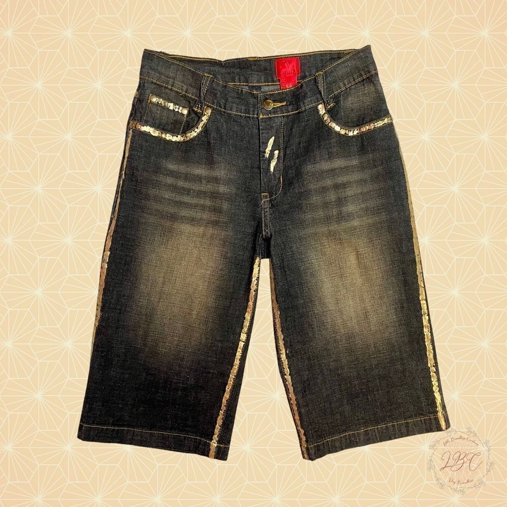 V Cristina Dark Jean Shorts Gold Paint Accent Low Rise. Size 4